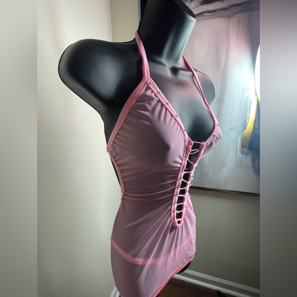 Pink Halter mesh mini dress